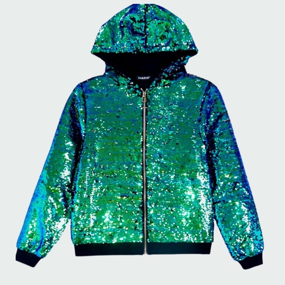 Sequin Hoodie Zip-Up Jacket Sparkly Mermaid to Black Women's Medium BNWT - Picture 1 of 5